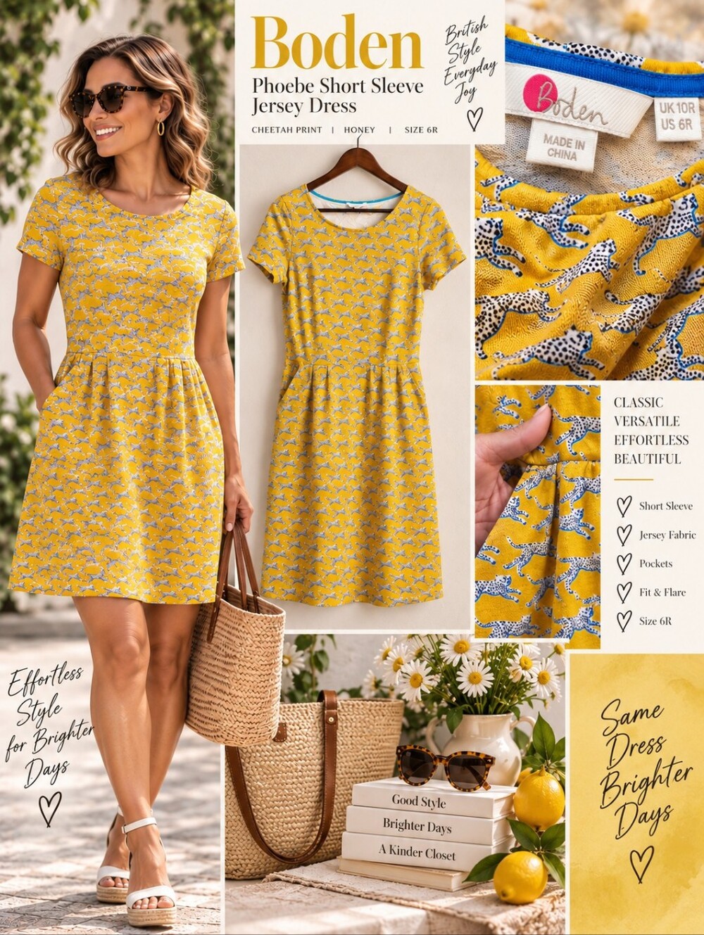 Boden Phoebe Jersey Dress Honey Cheetah Print  Pockets  - 6R US